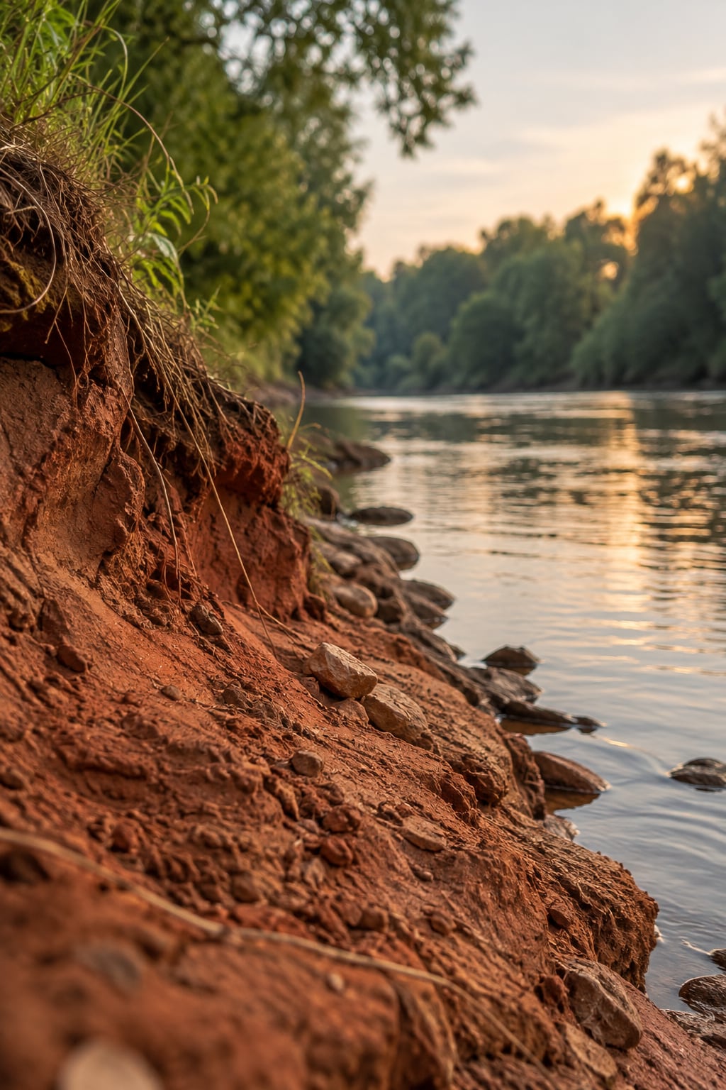 Close detail of a red clay riverbank, layered and wet