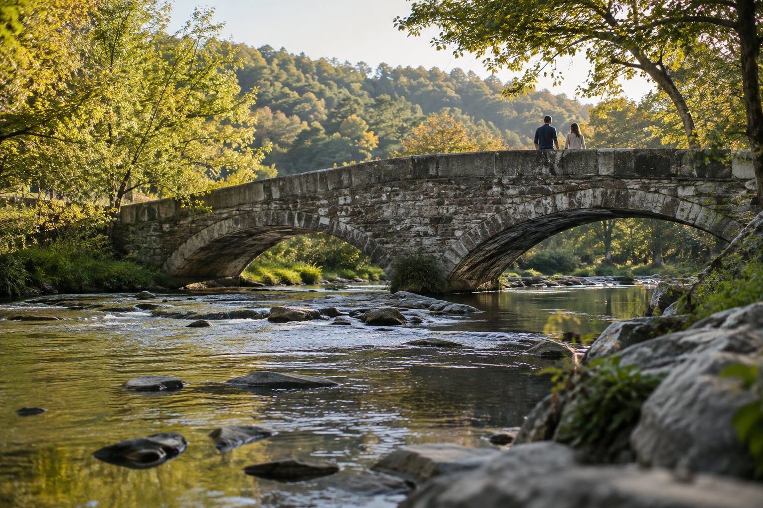 An old stone bridge spanning a shallow, clear river