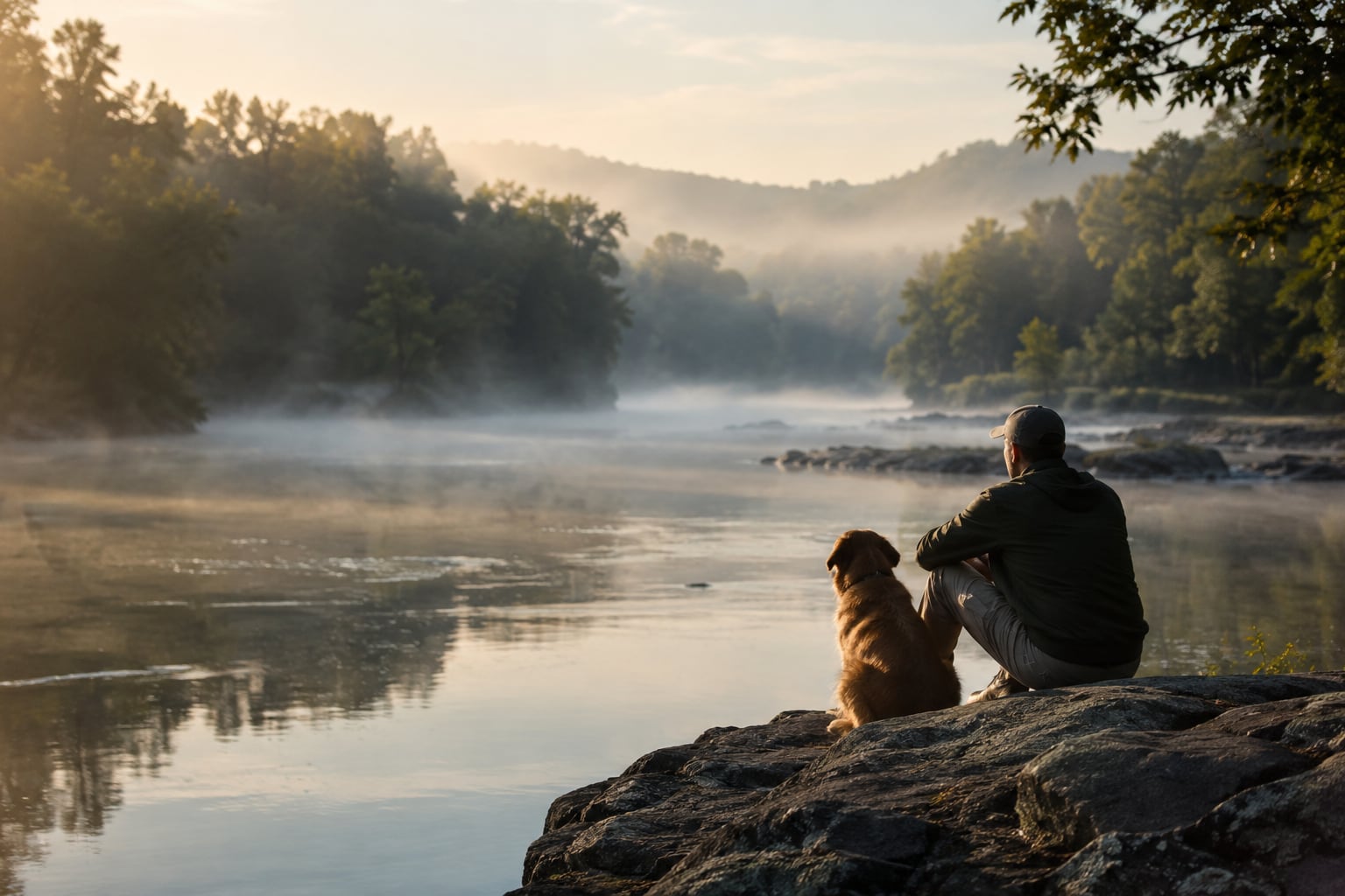 A slow river under morning mist, its banks soft in the first light