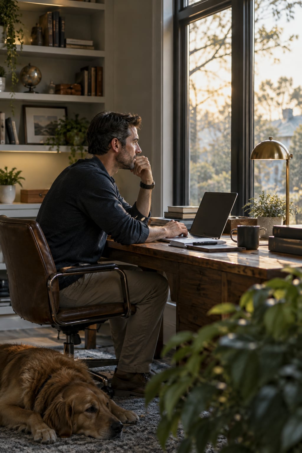 A quiet study desk beside a tall window in soft light